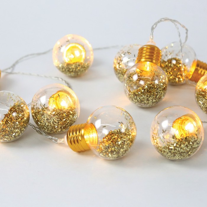  "GLASS GOLD LED BULB" 10 LED STRING LIGHTS BATTERIES (2xAA), WW,IP20, 135+30cm, TRAN/NT LEAD CABLE