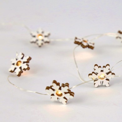  "WOODEN SNOWFLAKE" 10 LED STRING LIGHTS BATT. (2xAA), SILVER COPPER WIRE, WW,IP20, 90+30cm, TRAN/NT LEAD CABLE