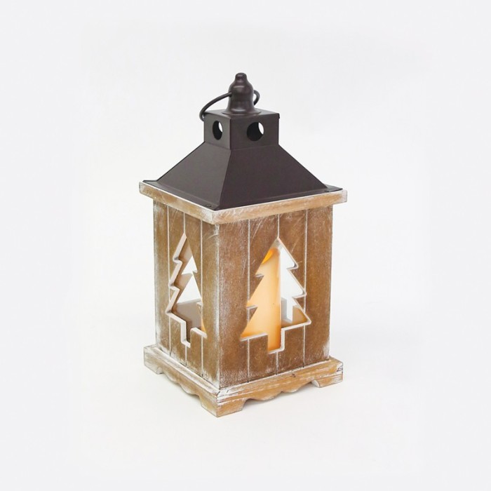 "WOODEN & METAL LANTERN" WHITE CANDLE, 1 LED LIGHTS BAT. (3xAAA), WW,IP44, Φ14Χ31CM