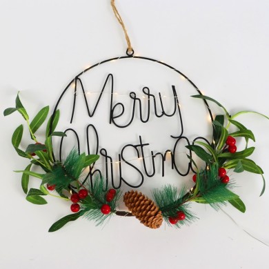 "XMAS HANGING RING DECO", 30 LED, METAL+ARTIFICIAL PLANT, BATTERIES (2xCR2032), WW,IP20, 30cm