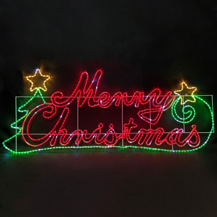 MERRY CHRISTMAS WITH TREE 576 LED MOTIF 24m 2-WIRE ROPE LIGHT MULTICOLOR FLASH IP65 205*81cm 1.5m LEAD CABLE