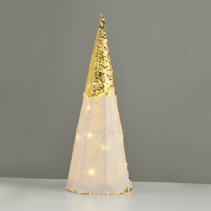 "CHAMPAGNE GOLD & WHITE SEQUIN CONE TREE" 20 WW LED LIGHTS BATTER. 3ΧΑΑ,IP20 Φ18.5Χ50CM