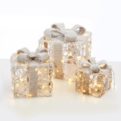 SET "RATTAN GIFT BOX, NATURAL BURLAP BOW" 90(20+30+40) WW MINI LED LIGHTS BATTER. 3*3ΑΑ IP20 18,24,30CM
