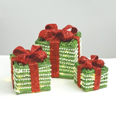  SET "GREEN SILVER RATTAN GIFT BOX, RED BOW" 90(20+30+40) WW MINI LED LIGHTS BATTER. 3*3ΑΑ IP20 18,24,30CM