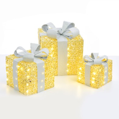  SET "GOLD SILK GIFT BOX, SILVER BOW"  90(20+30+40) WW MINI LED LIGHTS BATTER. 3*3ΑΑ IP20 18,24,30CM