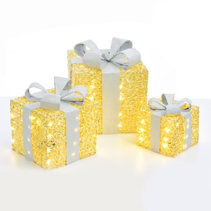  SET "GOLD SILK GIFT BOX, SILVER BOW"  90(20+30+40) WW MINI LED LIGHTS BATTER. 3*3ΑΑ IP20 18,24,30CM