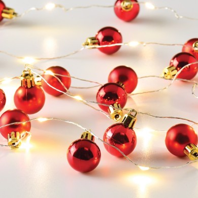  "XMAS GARLAND RED BALLS" 20 LED WW SILVER COPPER WIRE STRING LIGHTS, BAT (2xAA) IP20 190+30cm 