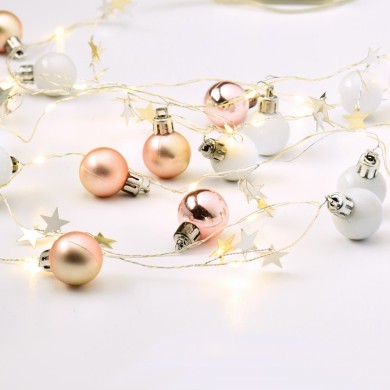  "XMAS GARLNAT WHITE BALLS" 20 LED WW SILVER COPPER WIRE STRING LIGHTS, BAT (2xAA) IP20 190+30cm 