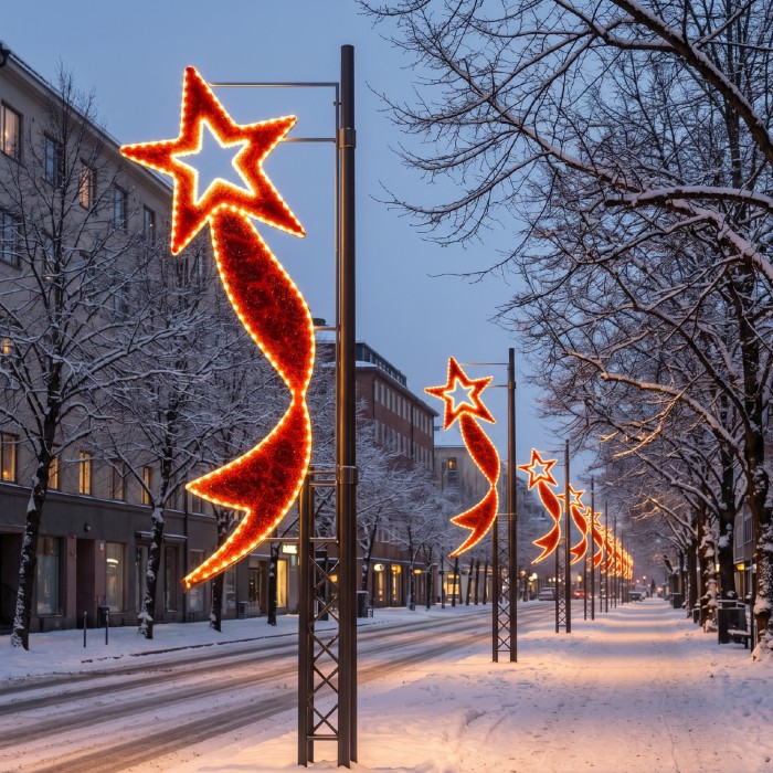 STREET POLE XMAS MOTIF RED STAR W/ RIBBON 100 WW&RED STEADY LED 9m ROPE LIGHTS 1,5m CABLE IP65 1850x700x50mm
