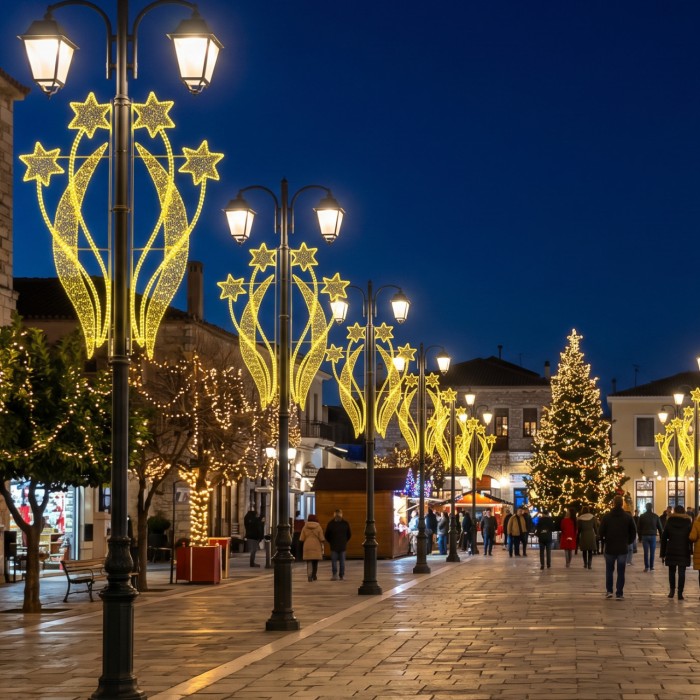 STREET POLE XMAS 4STAR FLOURISH MOTIF 100 YELLOW STEADY LED 13m ROPE LIGHTS 1,5m CABLE IP65 1850x700x50mm
