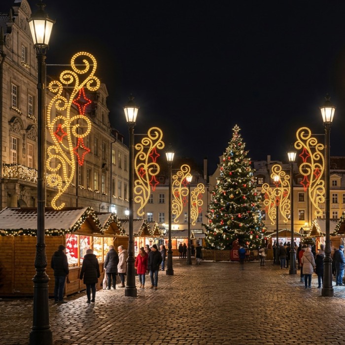 STREET POLE XMAS SWIRLS W/ 3 RED STARS MOTIF 26m WW & RED ROPE LIGHTS 1,5m CABLE IP65 1850x660x50mm
