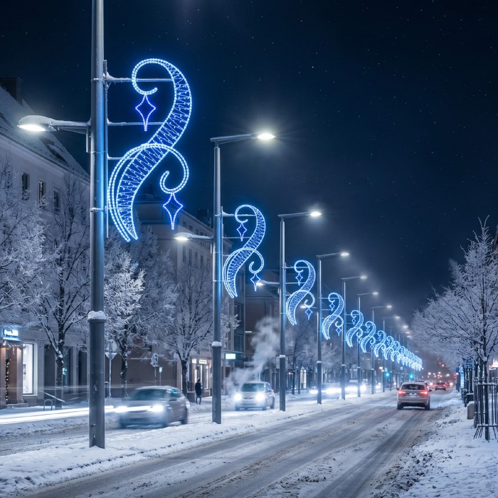 STREET POLE XMAS CELESTIAL SWIRL W/ 2 BLUE STARS MOTIF 100 WHITE&BLUE STEADY LED 14m ROPE LIGHTS 1,5m CABLE IP65 1850x850x50mm
