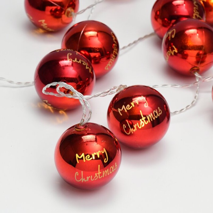  "PLASTIC BALLS", 10 LED STRING LIGHTS WITH BATTERIES (3xAA), WARM WHITE, RED PLASTIC, IP20, 135+30cm TRANSPARENT LEAD CABLE 