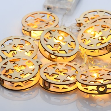  "WOODEN CHRISTMAS MOTIFS", ROUND STAR, 10 LED STRING LIGHTS WITH BATTERIES (3xAA), WARM WHITE, IP20, 135+30cm TRANSPARENT LEAD CABLE 