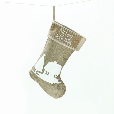 XMAS STOCKING DARK BEIGE DECORATIVE (HOUSE & TREE) 26*47cm