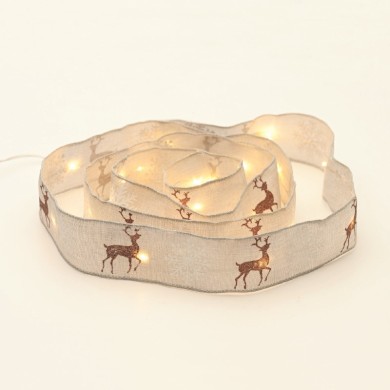 WHITE RIBBON WITH REINDEERS 20 LED COPPER WIRE WW SILVER CABLE BATT: 2XAA(NOT INCL) IP20 2m 30cm LEAD WIRE 1.2W
