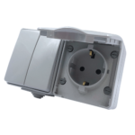 ARMY HORIZONTAL BLOCK 2 GANG 1 WAY SWITCH 1+1P 10AX 250VAC IP55 & SCHUKO SOCKET WITH SAFETY SHUTTER 1x2P+E 16A 250VAC IP55 (IP54) WALL MOUNTED WATERPROOF SCREWS LIGHT GREY